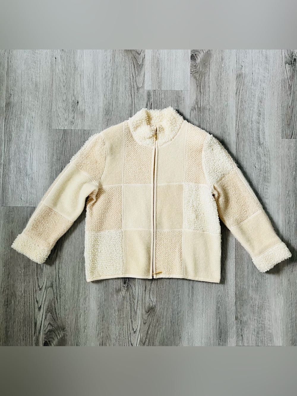 VINTAGE ESCADA Patchwork Teddy Knit Jacket Cream Mohair Wool Zip Up - Size 44